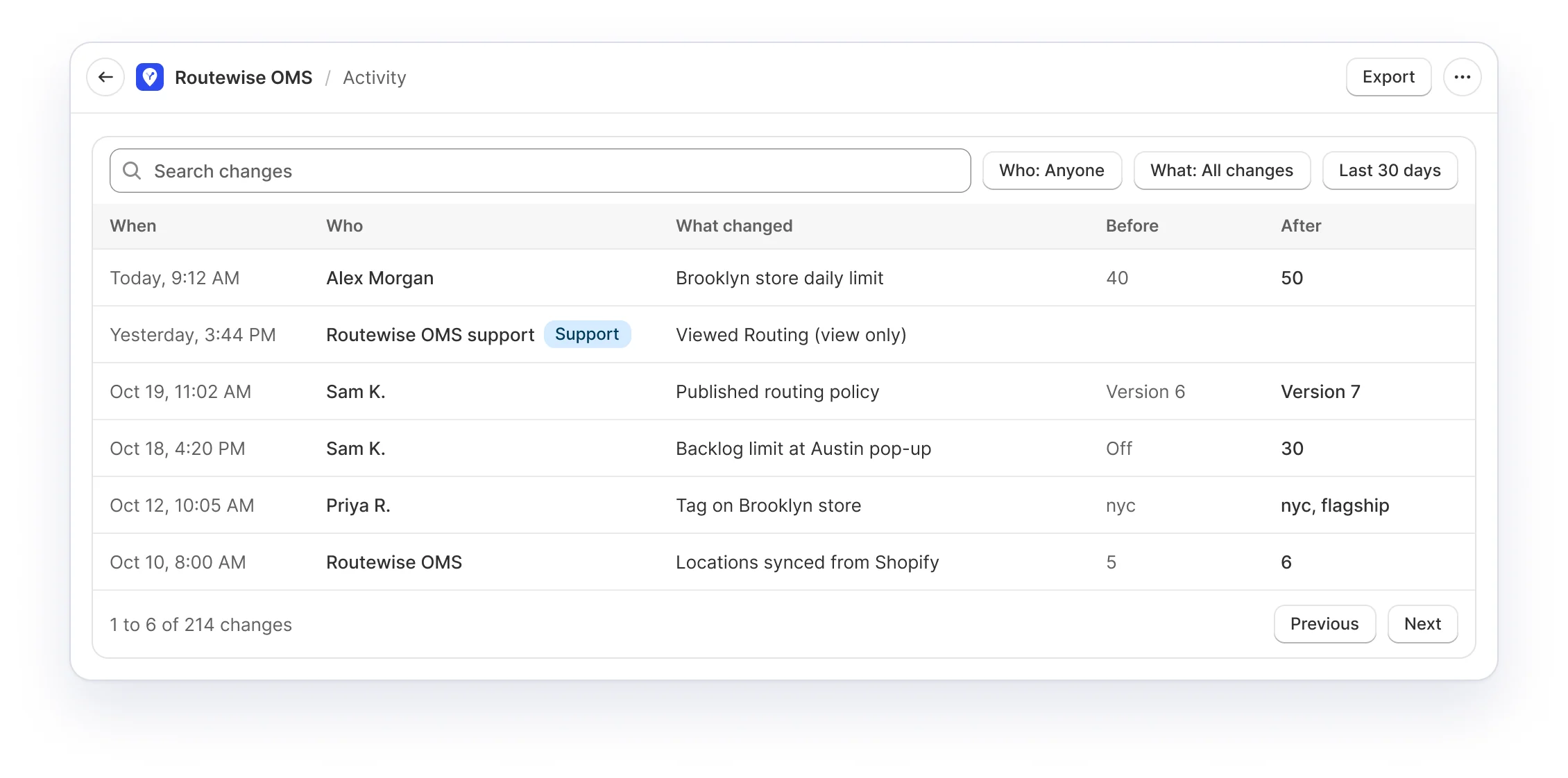 Activity log listing changes with before and after values