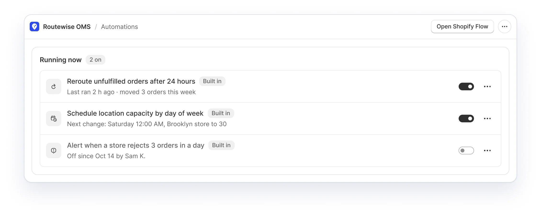 Built-in automations list with switches