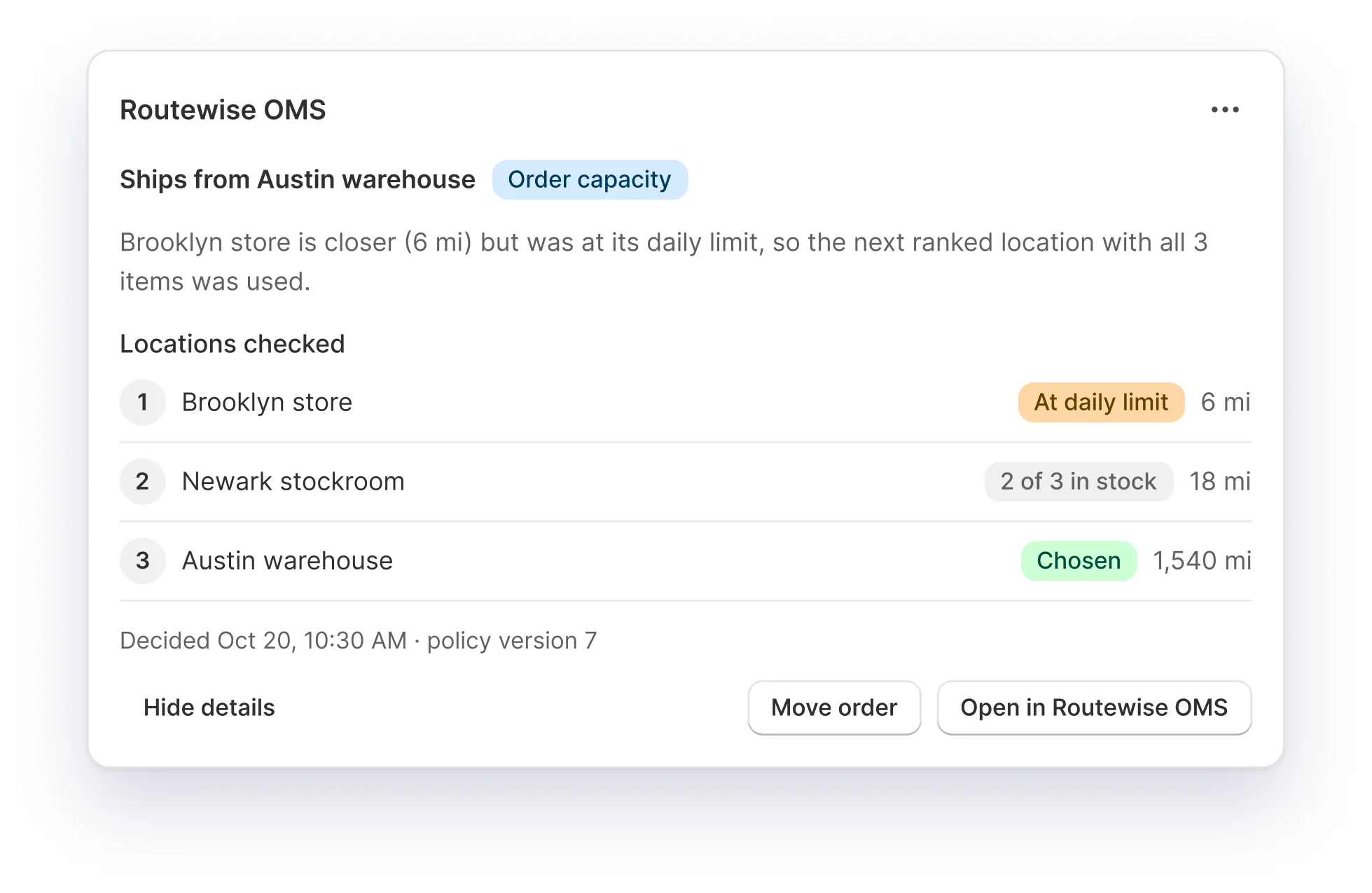 Order page block showing the chosen location and each location that was skipped