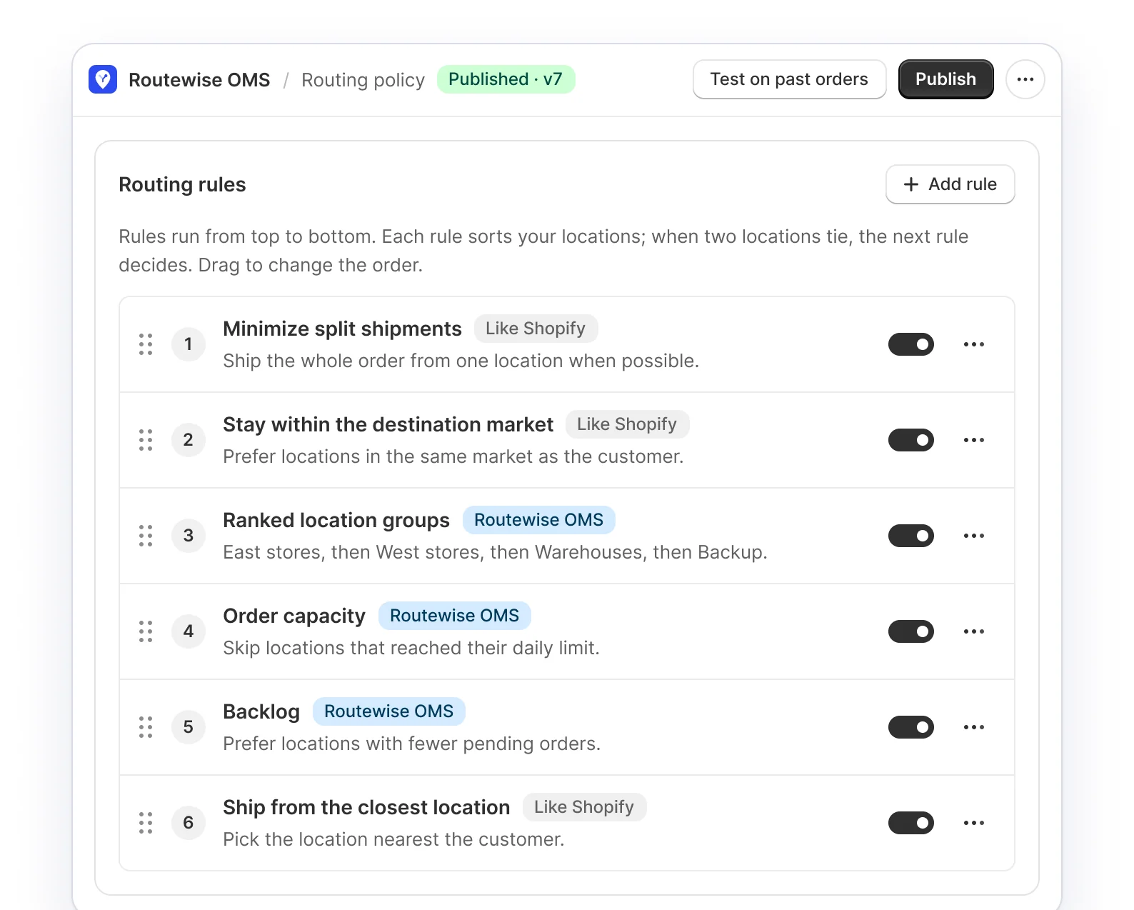 Routing rules ranked top to bottom, each with an on and off switch